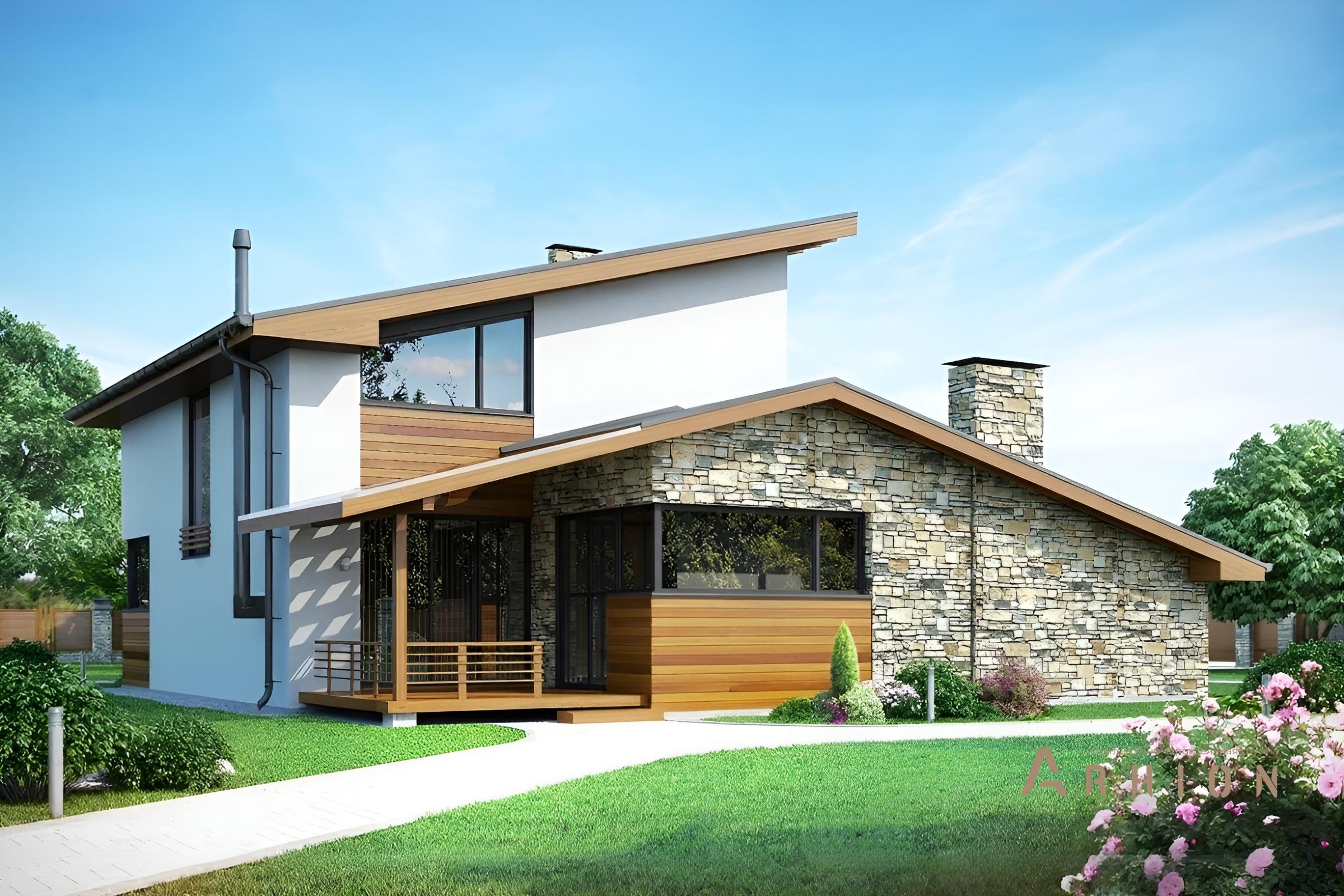 4. Проект двухэтажного дома в скандинавском стиле с односкатной кровлей, cp-60-84, площадью - 165 кв c терассой, балконом, гаражом